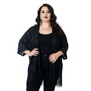 Cato Velvet Burnout Fringe Kimono Cardigan‎ Womens 14 Black Glam Whimsygoth Boho